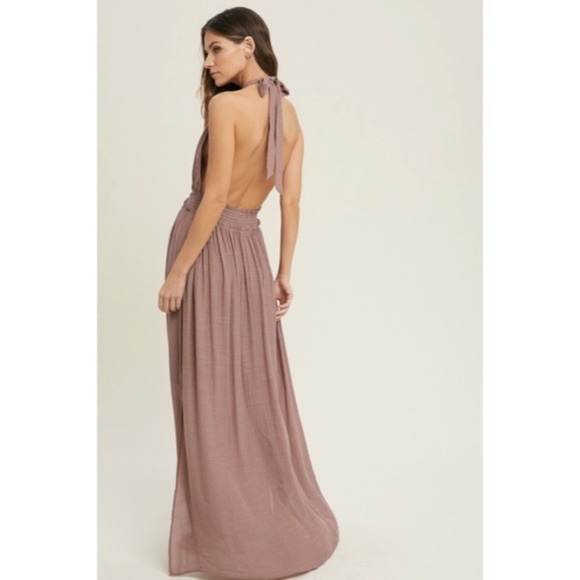 SOLD OUT Dark Mauve Solid Halter Smocked Waist Maxi Casual Boho Dress w/ Side - Picture 4 of 6